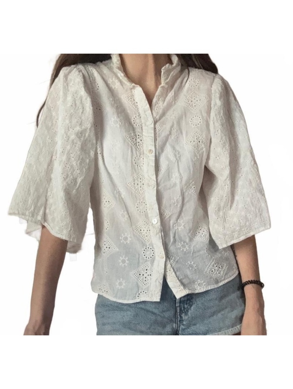 White Eyelet Embroidered Button-Up Blouse with Puff Sleeves